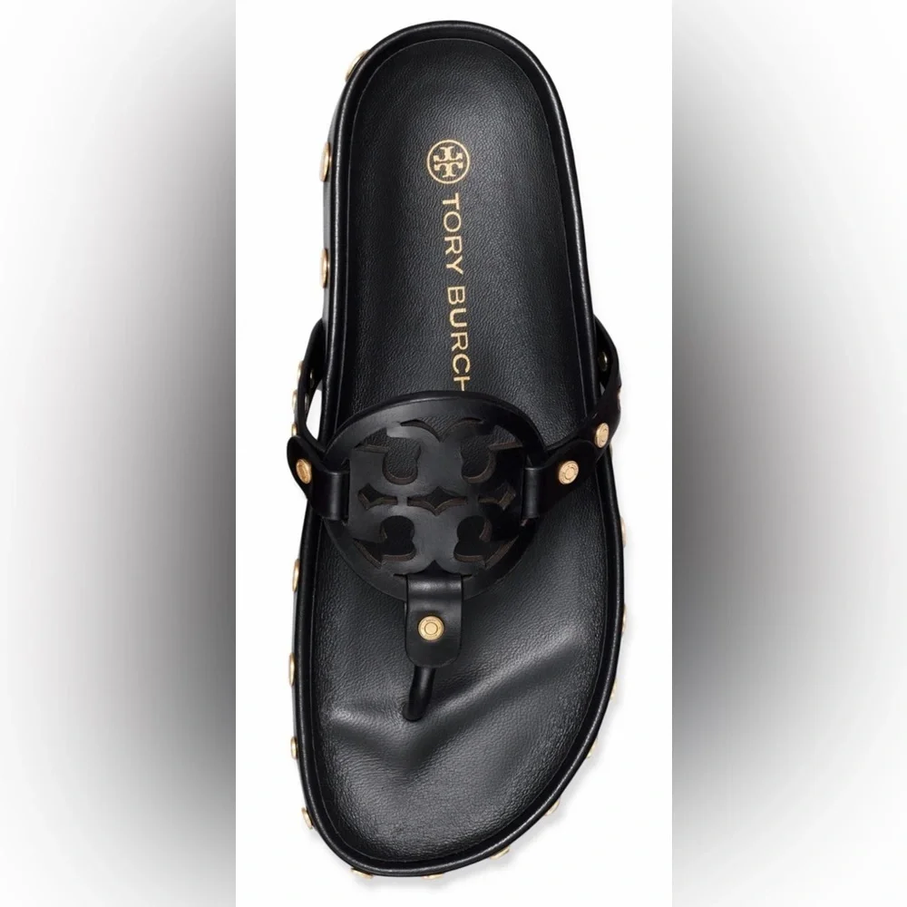 🔥🔥NWT Authentic Tory Burch Miller Cloud Gold Coin Thong Sandals Black 11 M